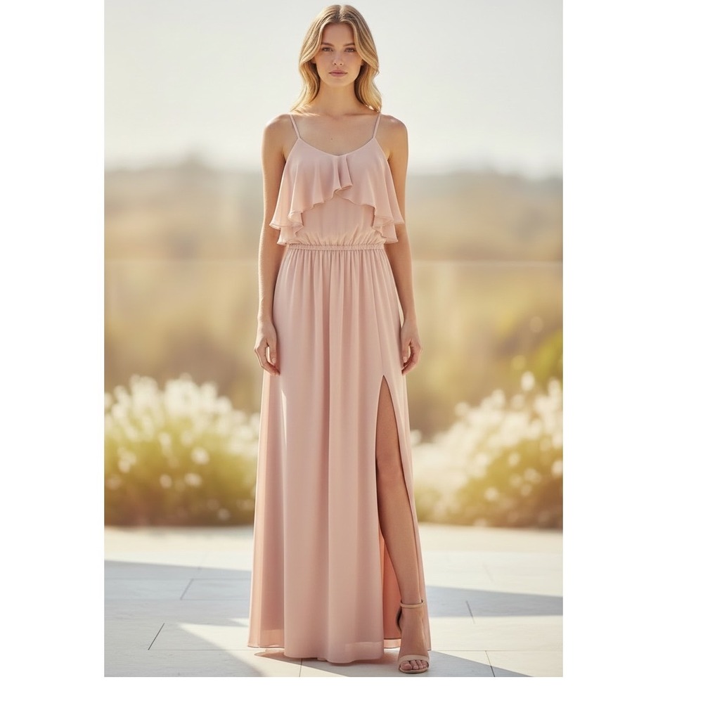 BCBGeneration Ruffle Maxi Dress 2 Pink Slit Formal Gown Wedding Guest Formal